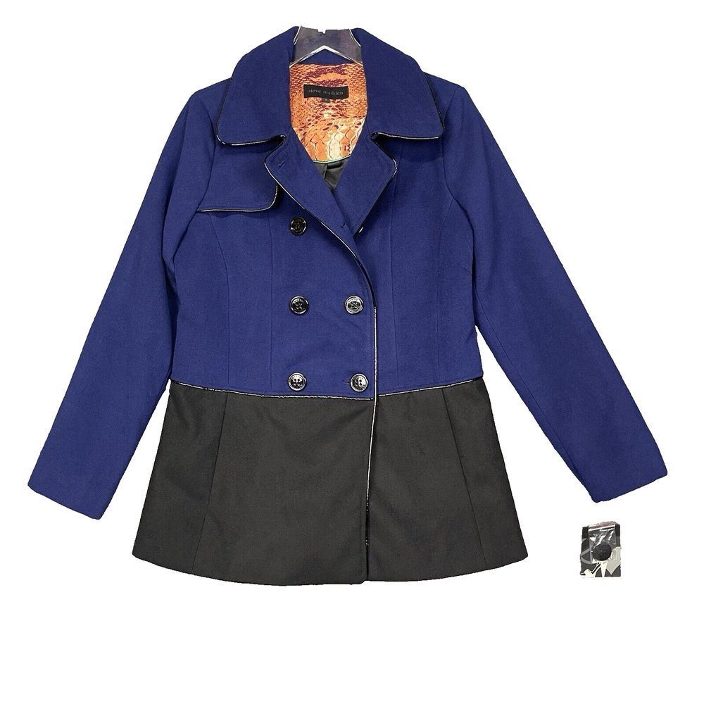 Steve Madden Jacket Womens Medium Blue Indigo Black Felt Pea Coat Double Breast